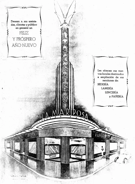 Cartel ilustrado de Almacenes La Mariposa, edificio art déco en la Ronda de Sant Antoni, Barcelona